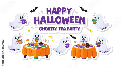 Spooky Tea Party: A charming illustration of ghostly figures enjoying a whimsical Halloween tea party, complete with festive decorations and a spooky yet inviting atmosphere. 