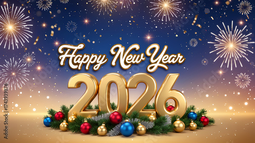 2026 Happy New Year greeting card. Banner with 2026 gold numbers with shining particles, glow light effect and glitter texture
