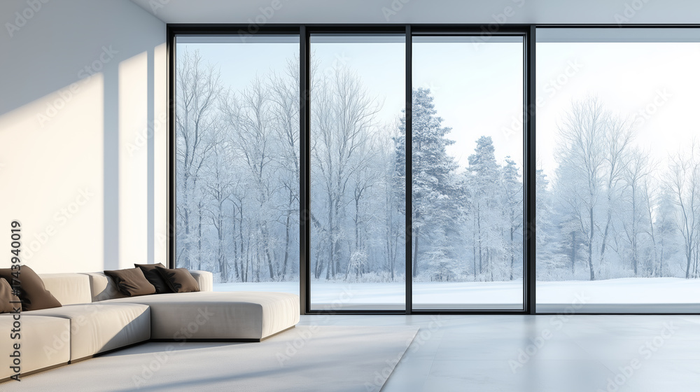 Fototapeta premium Modern Interior with Large Windows Overlooking Snowy Landscape and Sofa