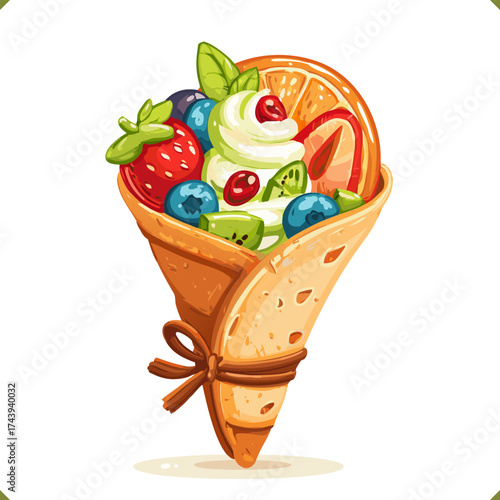 Vector illustration of Japanese street crepe filled with fruit and whipped cream, rolled cone style, isolated on a white background