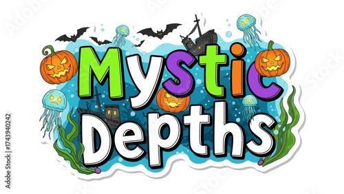 Mystic Depths Illustration: A whimsical illustration transports viewers to a world of mythical wonders beneath the waves, brimming with Halloween delight. 