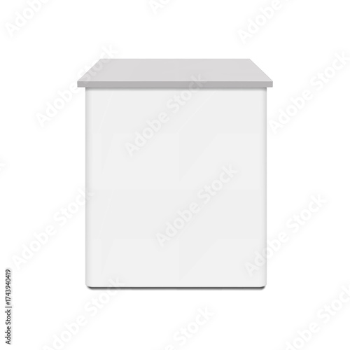 White blank tradeshow promotional table for brand design. Realistic 3d vector mockup. Portable exhibition trade show counter stand. Mock-up. Reception desk. Template
