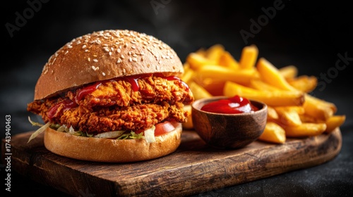 Fried chicken sandwich, fries, and ketchup cup on a wooden board, realistic fast-food style photo mockup