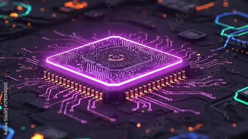 Advanced Glowing Purple Microprocessor on a Circuit Board.