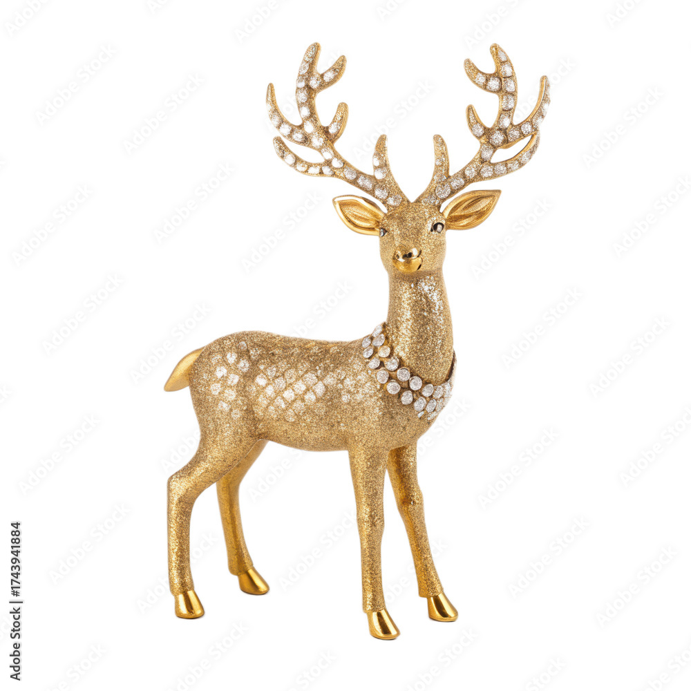 Obraz premium Golden reindeer figurine with intricate details and sparkling embellishments stands elegantly against transparent background, perfect for festive