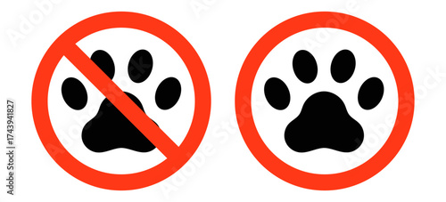Set of 'no pet' prohibition sign. This simple vector icons with pawprint symbol  perfect for policies for animals