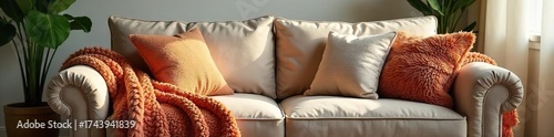 Plush Throw Cushion on Cozy Sofa Modern Vintage Living Room Relaxation