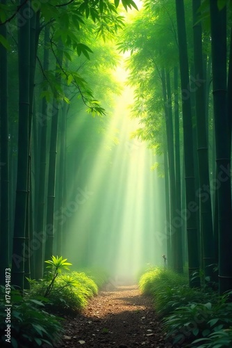 Sunlit Bamboo Forest in Morning Mist Peaceful and Meditative Atmosphere, Perfect for Relaxation and Tranquility Themes