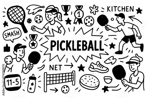 Pickleball doodle with players, paddles, balls, and court icons, Transparent Background