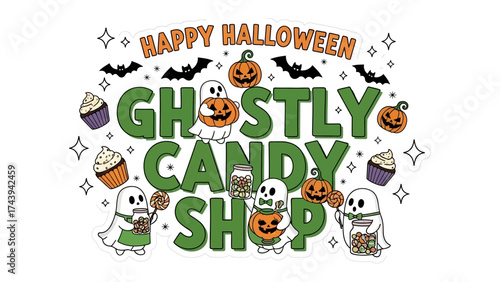 Happy Halloween Candy Shop: A spooky-themed candy shop, filled with ghostly figures, bats, pumpkins, and cupcakes, invites all to enjoy Halloween treats and candies. 
