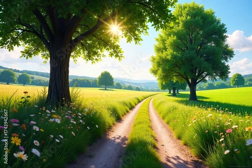 Serene Country Lane Sunlight Dapples Idyllic Summer Landscape, Perfect for Travel and Nature Projects