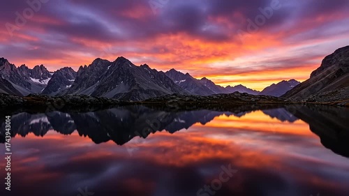 Breathtaking Alpine Landscape with Colorful Clouds and Lake Reflection.