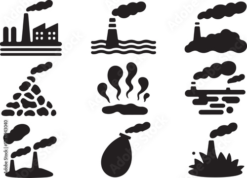 Industrial Air Pollution Silhouette: Factory Smoke, Dark Chimneys