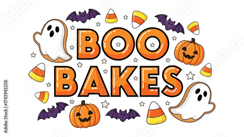 Halloween Boo Bakes Delight: A whimsical Halloween-themed illustration with the phrase Boo Bakes, surrounded by playful elements of spooky season treats. 