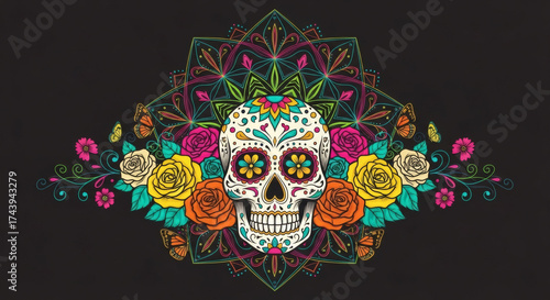 A vibrant sugar skull with colorful roses, butterflies, and intricate mandala patterns on a dark background, celebrating Dia de los Muertos.