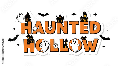 Haunted Hollow Festivities: A playful Halloween design spells out Haunted Hollow with ghostly figures and haunted houses amid stars and bats, evoking spooky seasonal charm.