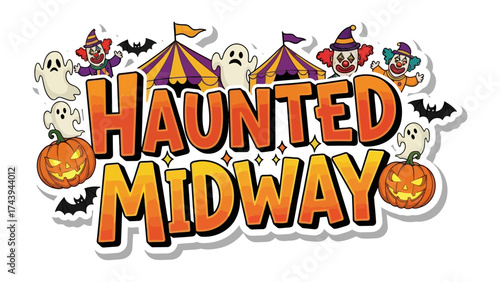 Spooky Carnival Delights: A vibrant illustration of a haunted midway scene, filled with playful ghosts, grinning jack-o'-lanterns, whimsical tents, and mischievous clowns.