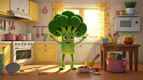 Cheerful Animated Broccoli Character Comes to Life in the Kitchen.