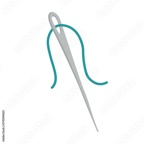 Flat vector illustration of a metal sewing needle with thread, isolated design, minimal creative cartoon clipart.