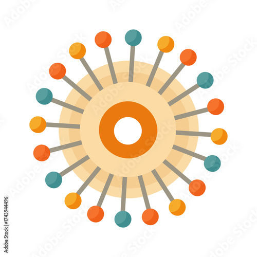 Flat vector illustration of colorful sewing pins in a circular holder, isolated minimal creative cartoon clipart.