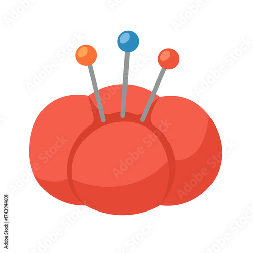 Flat vector illustration of a red pincushion with colorful pins, isolated simple design, creative cartoon clipart.