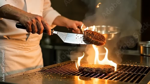 Chef grilling steak with flames in a professional kitchen, close-up on hands and meat.
