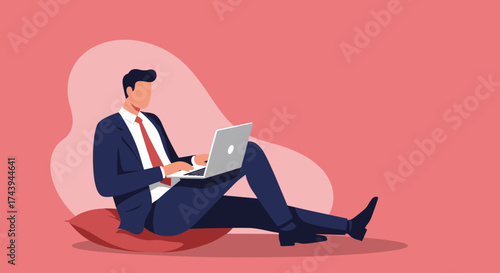 Businessman working remotely on laptop comfortably seated Modern flexible work lifestyle