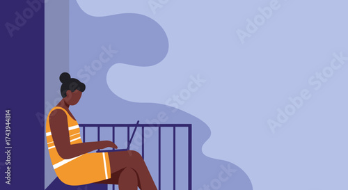 Woman working on laptop on a balcony Remote work independent lifestyle and digital connectivity