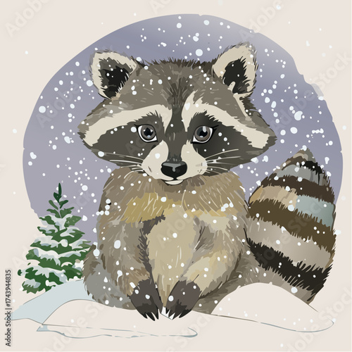 Ein Waschbär-Junges sitzt im Schnee, das flauschige Fell leicht von Schneeflocken bedeckt