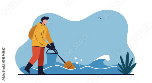 Person cleans water with net promoting environmental protection and pollution control