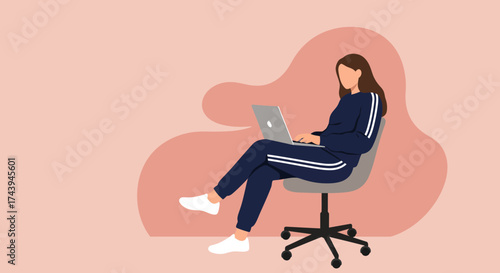 Woman in tracksuit using laptop on office chair Remote work freelancing casual business lifestyle