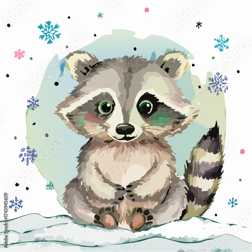 Ein Waschbär-Junges sitzt im Schnee, das flauschige Fell leicht von Schneeflocken bedeckt