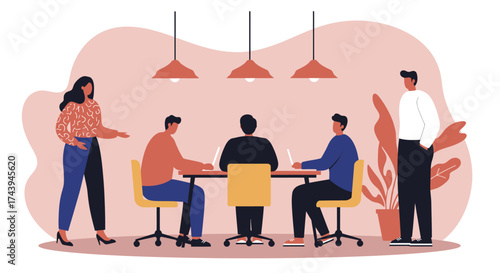 Business team collaborating in a modern office meeting space using laptops and discussing ideas