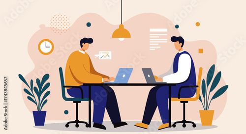 Two men collaborating on laptops in a modern office symbolizing teamwork and productivity