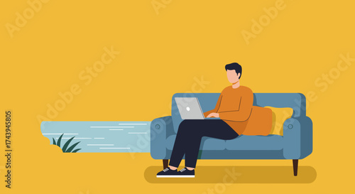 Man works on laptop from a comfy sofa embodying remote work and digital lifestyle