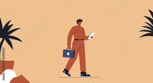 Professional person walking with briefcase and tablet engaging with digital content in a modern setting