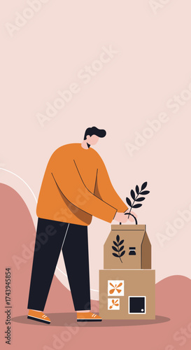 Man placing plant into ecofriendly packaging Sustainable living green delivery nature care