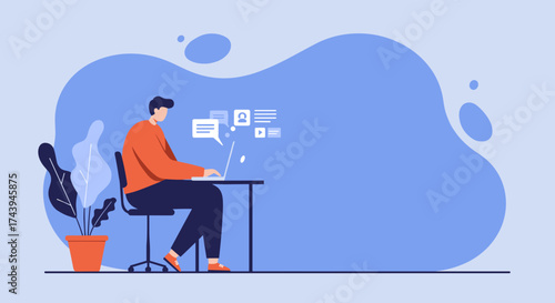 Man working on laptop engaged in online communication and networking Remote work digital business