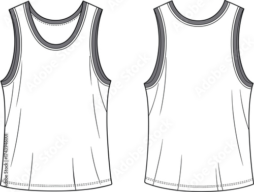 Classic men’s sleeveless tank top vector fashion flat template showing front and back technical sketch for apparel and clothing design