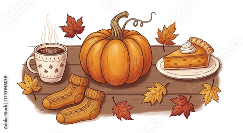Cozy Autumn Still Life: Pumpkin, Coffee, Pie, Socks, and Fall Leaves