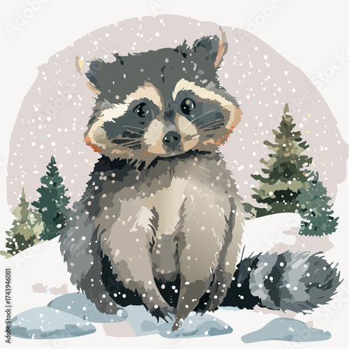 Ein Waschbär-Junges sitzt im Schnee, das flauschige Fell leicht von Schneeflocken bedeckt