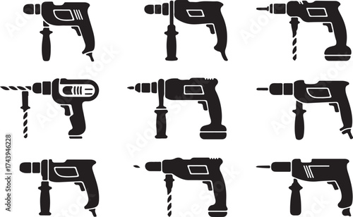 Power Drill Silhouette Set: Industrial Tool Collection