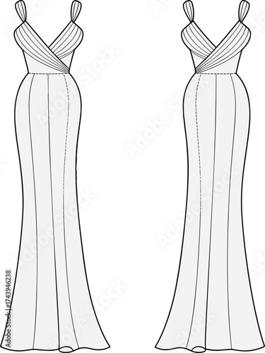 Elegant sleeveless long evening gown fashion flat vector template with v-neck draped bodice and flared skirt technical illustration