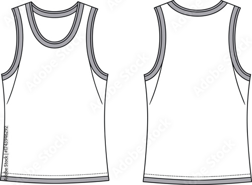 Classic sleeveless tank top fashion flat vector template showing front and back technical sketch for apparel design and clothing illustration