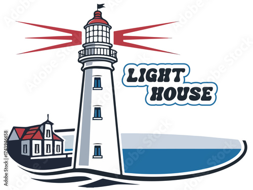 Vintage Lighthouse Illustration on Sea Coast with Light Beams Isolated on White Background.