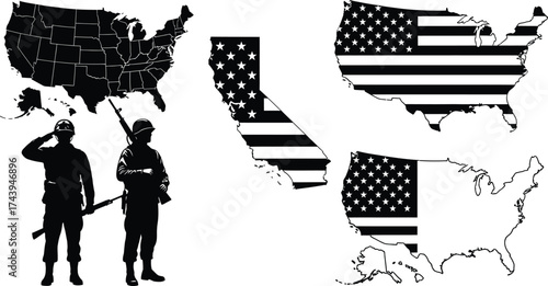 Two patriotic soldiers stand ready against a backdrop of American maps and flag imagery.