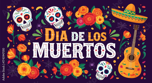 Flat style illustration of Día de los Muertos poster with sugar skulls, sombreros, and guitar, celebrating Mexican Day of the Dead, culture, remembrance, and festive tradition