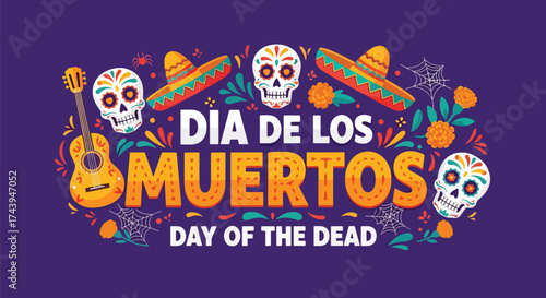 Flat style illustration of Día de los Muertos poster with sugar skulls, sombreros, and guitar, celebrating Mexican Day of the Dead, culture, remembrance, and festive tradition