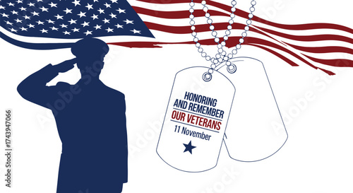 Saluting soldier honors veterans with American flag and dog tags on remembrance day