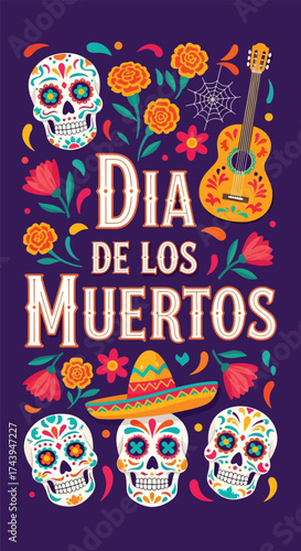 Flat style illustration of Día de los Muertos poster with sugar skulls, sombreros, and guitar, celebrating Mexican Day of the Dead, culture, remembrance, and festive tradition